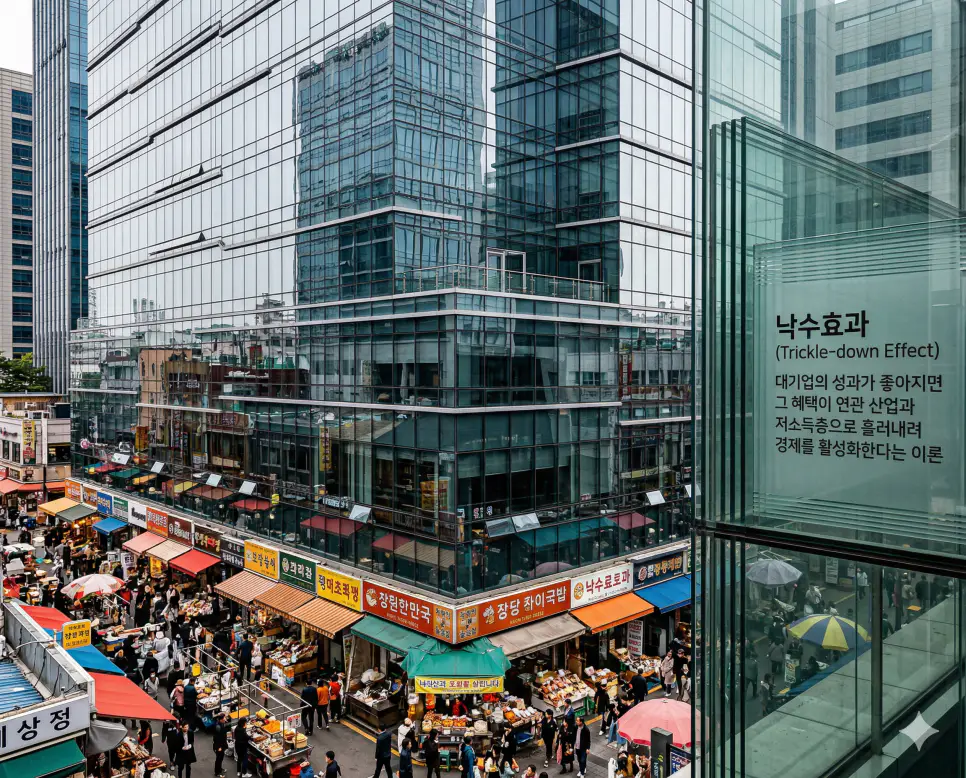 1인당 GDP 뜻, 경기침체 뜻, 낙수효과 뜻: 국민 평균 소득과 경제 위축 및 성장 배분 정리 3 낙수효과 뜻을 상징하기 위해 거대한 금융 빌딩의 부유함이 아래의 활기찬 지역 시장으로 흘러드는 경제 선순환 구조를 포착한 실사 촬영 이미지
