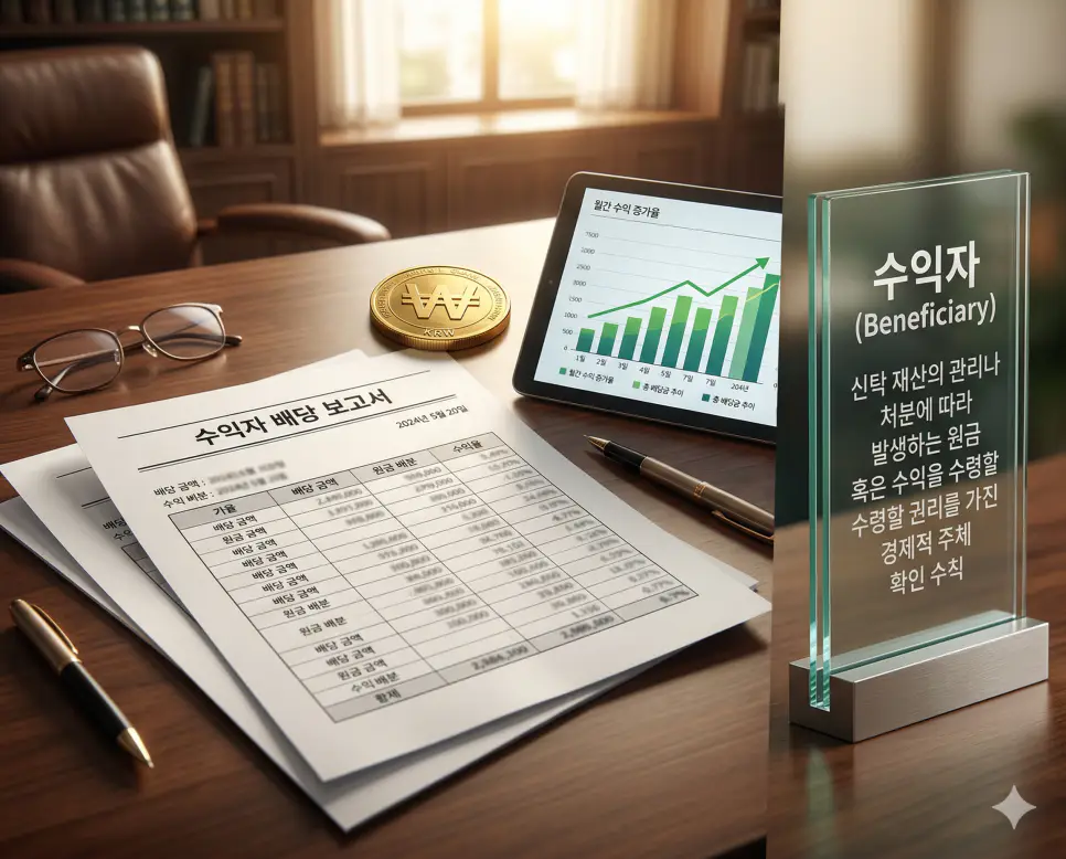 채무자 뜻, 수탁자 뜻, 수익자 뜻 정리: 법적 의무와 신탁 자산 관리 주체 확인 3 수익자 뜻을 상징하기 위해 신탁 재산의 관리나 처분에 따라 발생하는 원금 혹은 수익을 수령할 권리를 가진 경제적 이익 주체의 보고서 실사 이미지