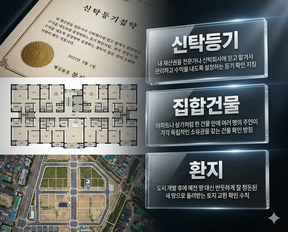 신탁등기 뜻, 집합건물 뜻, 환지 뜻 정리: 믿고 맡기는 등기와 구분 소유 및 토지 교환 확인 4 신탁등기, 집합건물, 환지 키워드 정의와 각각의 부동산 신탁 관리 및 토지 효율화 상황을 상징하는 사실적인 배경 위에 유리 패널로 정리한 고품격 실사 인포그래픽