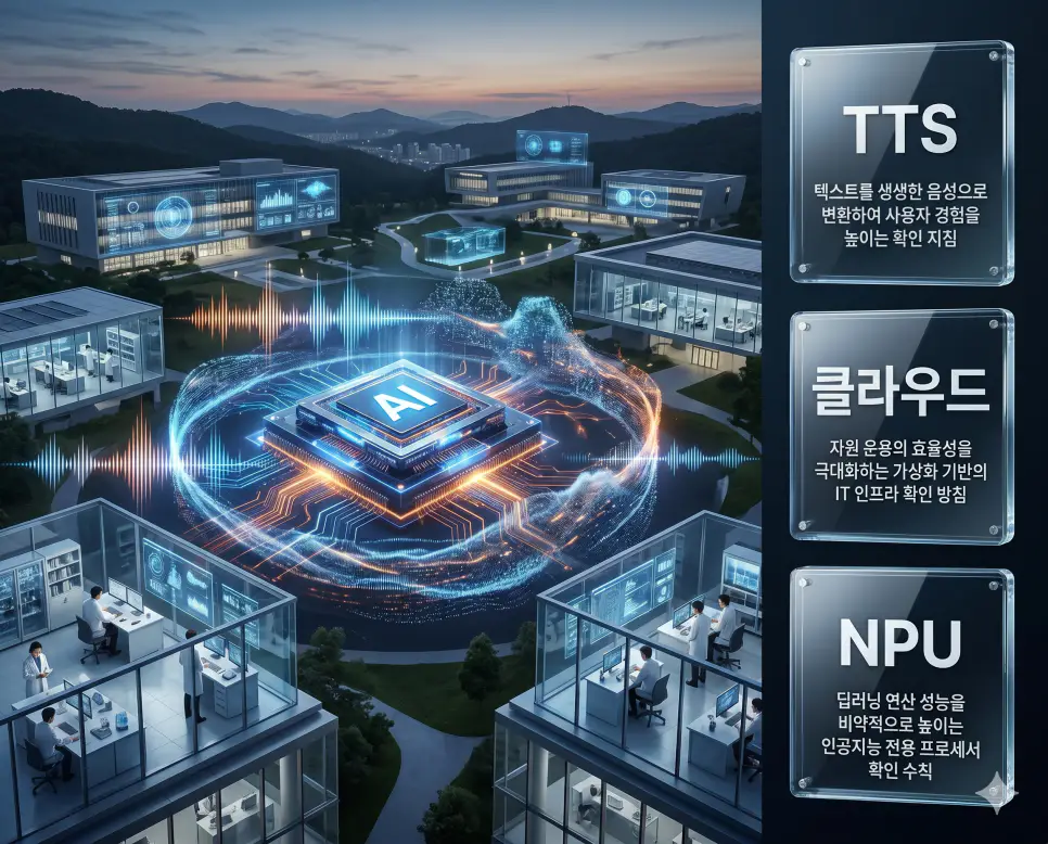 TTS 뜻, 클라우드 컴퓨팅 뜻, NPU 뜻 정리: AI 인프라와 음성 합성 기술 확인 4 한국인 전문가들과 함께 TTS, 클라우드 컴퓨팅, NPU의 기술적 지표를 분석하여 사용자 경험과 IT 인프라 최적화 수준을 진단하는 프리미엄 포스터 이미지