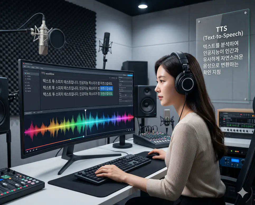TTS 뜻, 클라우드 컴퓨팅 뜻, NPU 뜻 정리: AI 인프라와 음성 합성 기술 확인 1 TTS 뜻을 설명하기 위해 한국인 여성 음성 엔지니어가 텍스트를 분석하여 자연스러운 인공지능 목소리로 변환하는 파형과 데이터를 모니터링하는 실사 이미지