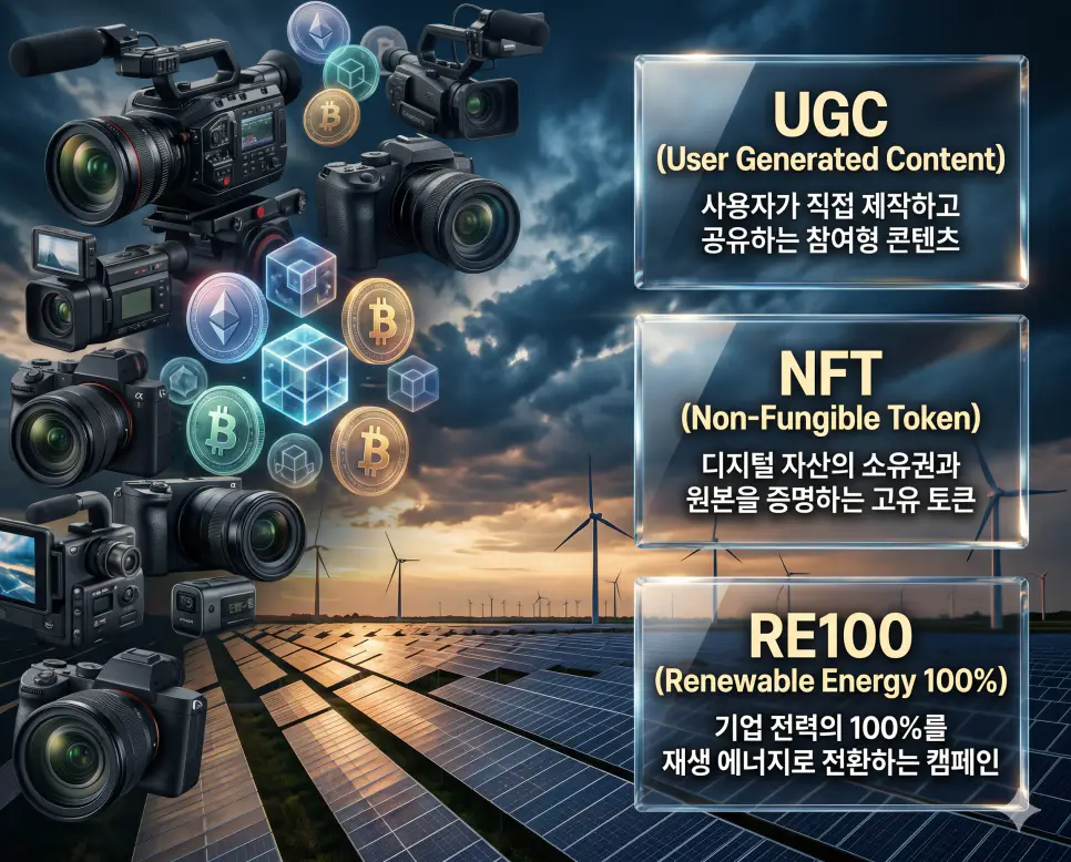UGC 뜻, NFT 뜻, RE100 뜻 정리: 사용자 제작 콘텐츠와 미래 자산 및 환경 확인 4 한국인 전문가들과 함께 UGC, NFT, RE100의 개념을 분석하여 사용자 중심 콘텐츠와 가상 자산, 글로벌 환경 정책의 미래를 진단하는 프리미엄 포스터 이미지