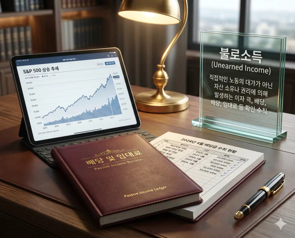불로소득 뜻을 상징하기 위해 노동의 대가가 아닌 자산 소유로 발생하는 이자, 배당, 임대료 수익을 정리한 투자 포트폴리오와 상승 그래프의 실사 이미지