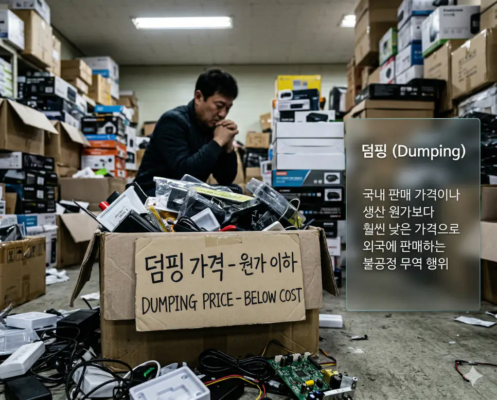 통관 뜻, 세관 뜻, 덤핑 뜻: 국경 허가 절차와 파수꾼 및 불공정 무역 행위 정리 3 난잡한 도매 창고에서 원가 이하의 불공정 덤핑 가격표가 부착된 헐값 수입 물품 박스를Gritty한 질감으로 포착한 실사 사진