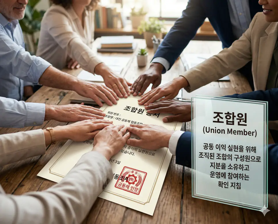 조합원 뜻을 설명하기 위해 공동 이익 실현을 목적으로 조직된 조합의 지분을 소유하고 운영에 참여하는 구성원의 증서와 협력을 상징하는 실사 이미지