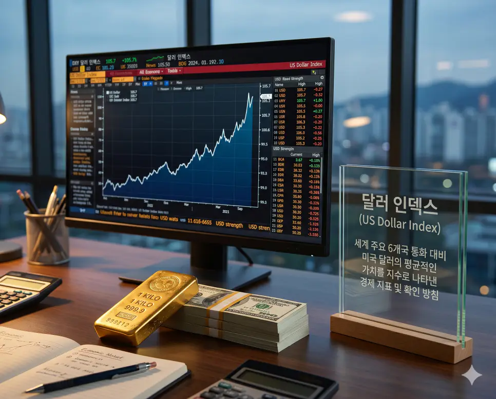 달러 인덱스 뜻을 시각화하기 위해 미국 달러의 가치 변동을 지수로 나타낸 금융 차트와 주요 통화 대비 달러의 강세를 상징하는 100달러 지폐의 실사 이미지