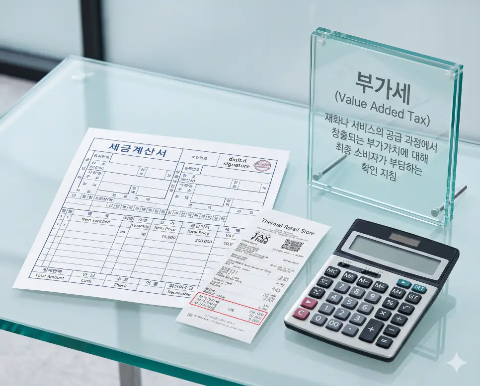 부가세 뜻, 증여세 뜻, 종부세 뜻 정리: 소비와 자산 보유 세금 원리 확인 1 부가세 뜻을 설명하기 위해 재화나 서비스 공급 과정에서 발생하는 부가가치에 대해 최종 소비자가 부담하는 세금 내역이 담긴 계산서와 영수증 실사 이미지