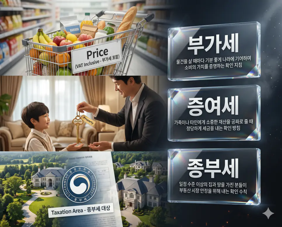 부가세 뜻, 증여세 뜻, 종부세 뜻 정리: 소비와 자산 보유 세금 원리 확인 4 부가세, 증여세, 종부세 키워드 정의와 각각의 소비 지출 및 자산 보유 세금 상황을 사실적인 배경 위에 유리 패널로 정리한 고품격 실사 인포그래픽