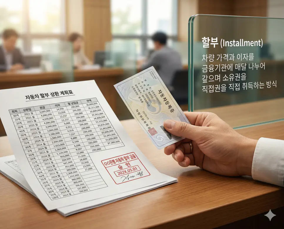 차 리스 뜻, 운용리스 뜻, 할부 뜻 정리: 자동차 금융 방식과 소유 및 이용 확인 3 할부 뜻을 상징하기 위해 자동차 가격과 이자를 나누어 상환하며 차량의 소유권을 직접 취득하는 전형적인 자동차 구매 방식의 실사 이미지