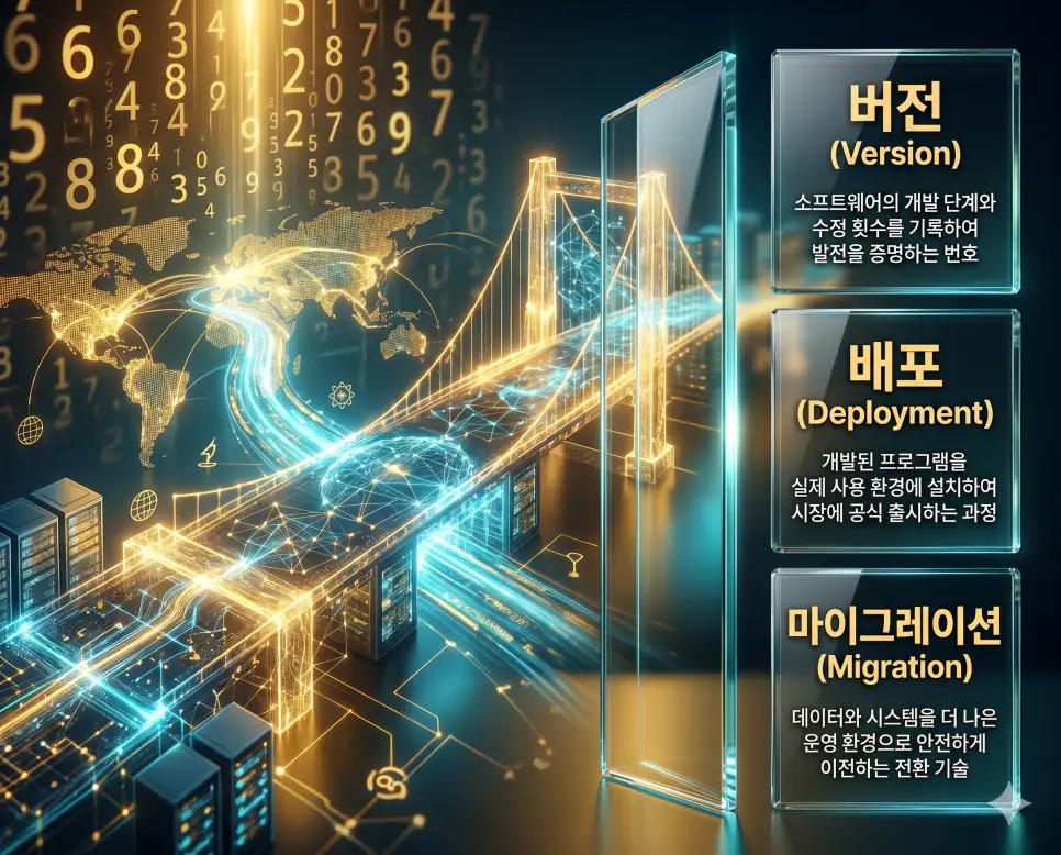 버전 뜻, 배포 뜻, 마이그레이션 뜻: 소프트웨어 발전 기록과 출시 및 정보 이사 확인 4 한국인 전문가들과 함께 버전, 배포, 마이그레이션의 관계를 분석하여 소프트웨어 발전 주기와 시스템 이전의 핵심 원리를 진단하는 역대급 비주얼 포스터 이미지