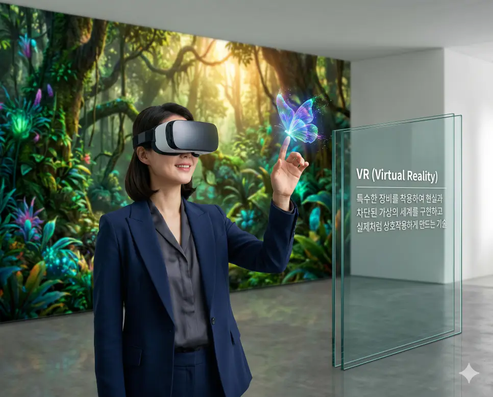 가상 현실(VR) 뜻을 시각화하기 위해 한국인 여성이 전용 헤드셋을 착용하고 현실과 완전히 분리된 환상적인 가상의 숲 공간에서 상호작용하는 실사 이미지