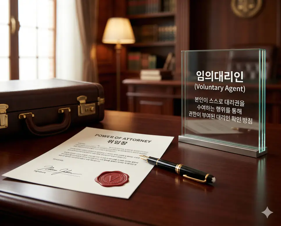 임의대리인 뜻을 시각화하기 위해 본인이 스스로 대리권을 수여하여 권한을 위임했음을 증명하는 위임장과 서명용 만년필의 실사 이미지