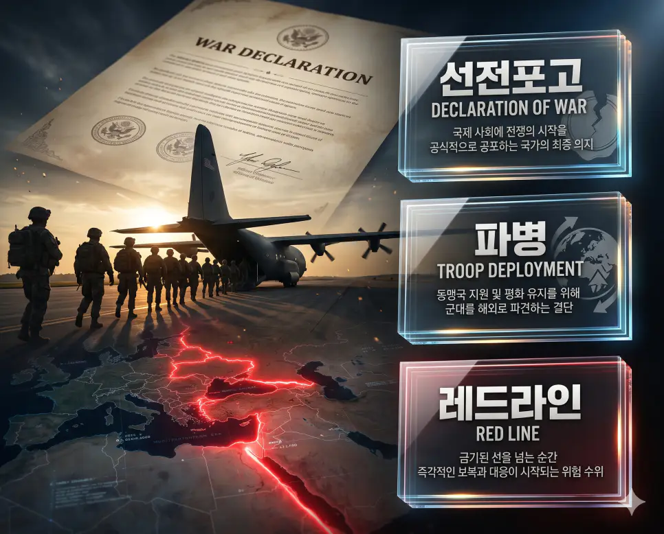 선전포고 (Declaration of War) 뜻, 파병 뜻, 레드라인 뜻: 전쟁의 공식 선언과 군사력 파견 및 최후 한계선 확인 4 한국인 전문가와 함께 선전포고, 파병, 레드라인의 관계를 분석하여 국가적 결단과 군사적 이동 및 안보 전략의 핵심을 진단하는 역대급 비주얼 포스터 이미지