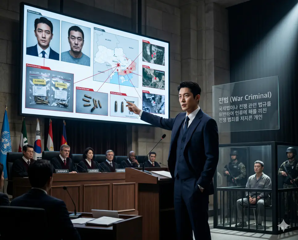 학살 뜻, 수용소 뜻, 전범 뜻: 반인륜적 폭력과 집단 격리 시설 및 전쟁 범죄자 확인 3 전범 뜻을 정의하기 위해 한국인 검사가 국제 군사 재판소에서 인류에 해를 끼친 전쟁 범죄자에 대한 증거를 제시하며 정의를 구현하는 프리미엄 실사 이미지