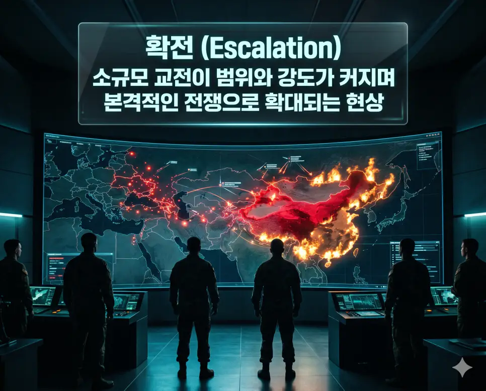 확전 (Escalation) 뜻, 지정학적 리스크 뜻, 전작권 뜻: 분쟁 확대와 세계 경제 불확실성 및 전시 작전통제권 확인 1 확전 뜻을 설명하기 위해 첨단 상황실에서 소규모 분쟁이 대규모 전면전으로 확산되는 과정을 디지털 지도로 분석하는 긴박한 시네마틱 이미지
