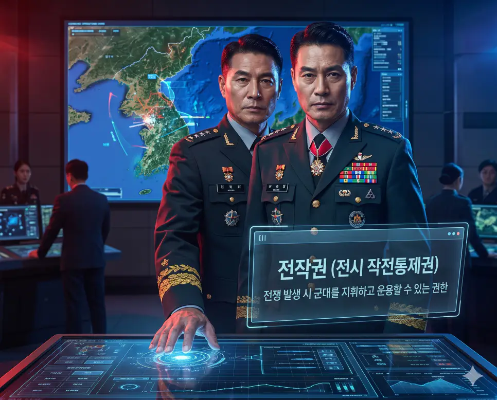 확전 (Escalation) 뜻, 지정학적 리스크 뜻, 전작권 뜻: 분쟁 확대와 세계 경제 불확실성 및 전시 작전통제권 확인 3 전작권 뜻을 정의하기 위해 대한민국 장성이 전시 상황에서 군대를 지휘하고 작전을 통제하는 막강한 권한을 행사하는 위엄 있는 실사 이미지