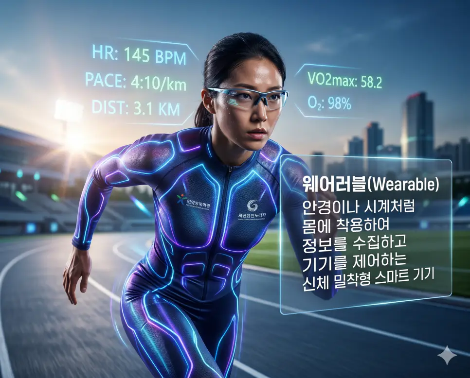웨어러블 뜻을 시각화하기 위해 한국인 선수가 스마트 슈트와 안경을 착용하고 실시간 신체 정보를 수집하는 신체 밀착형 기기 활용 과정을 보여주는 고품격 실사 이미지