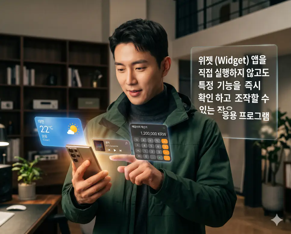 태그 뜻, 팝업 뜻, 위젯 뜻: 데이터 분류 표식과 돌출형 화면 및 요약형 도구 확인 3 위젯 뜻을 정의하기 위해 한국인 사용자가 스마트폰 홈 화면에서 날씨와 뉴스 등 특정 기능을 즉시 조작할 수 있는 요약형 도구들을 활용하는 프리미엄 실사 이미지