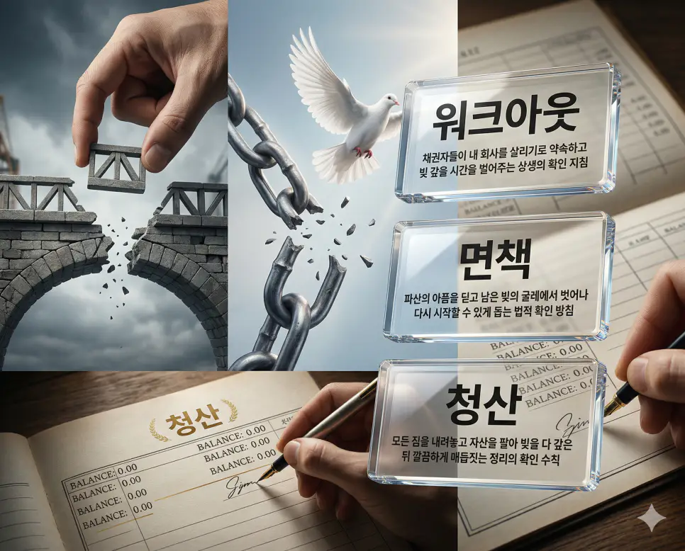 워크아웃 뜻, 면책 뜻, 청산 뜻 정리: 기업 구조조정과 채무 면제 및 자산 정리 확인 4 워크아웃, 면책, 청산 키워드 정의와 각각의 기업 구조조정 및 채무 면제 상황을 사실적인 배경 위에 유리 패널로 정리한 고품격 실사 인포그래픽