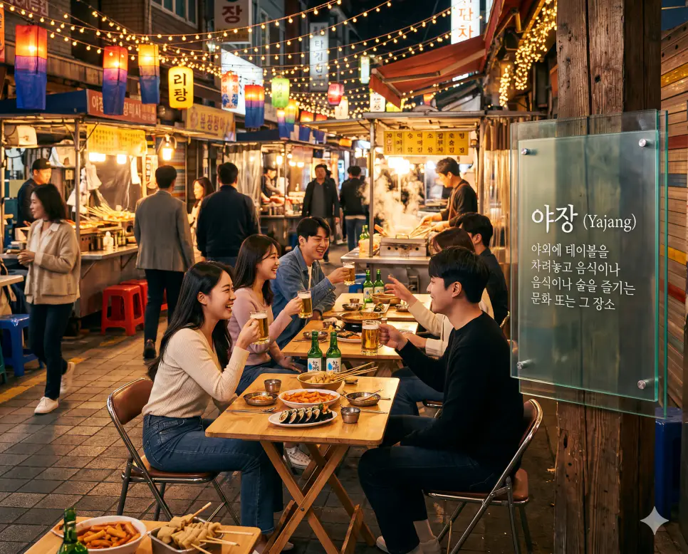 야장 뜻을 시각화하기 위해 서울의 활기찬 밤거리에서 젊은이들이 야외 테이블에 모여 음식과 낭만을 즐기는 현대적인 야외 식문화 실사 이미지