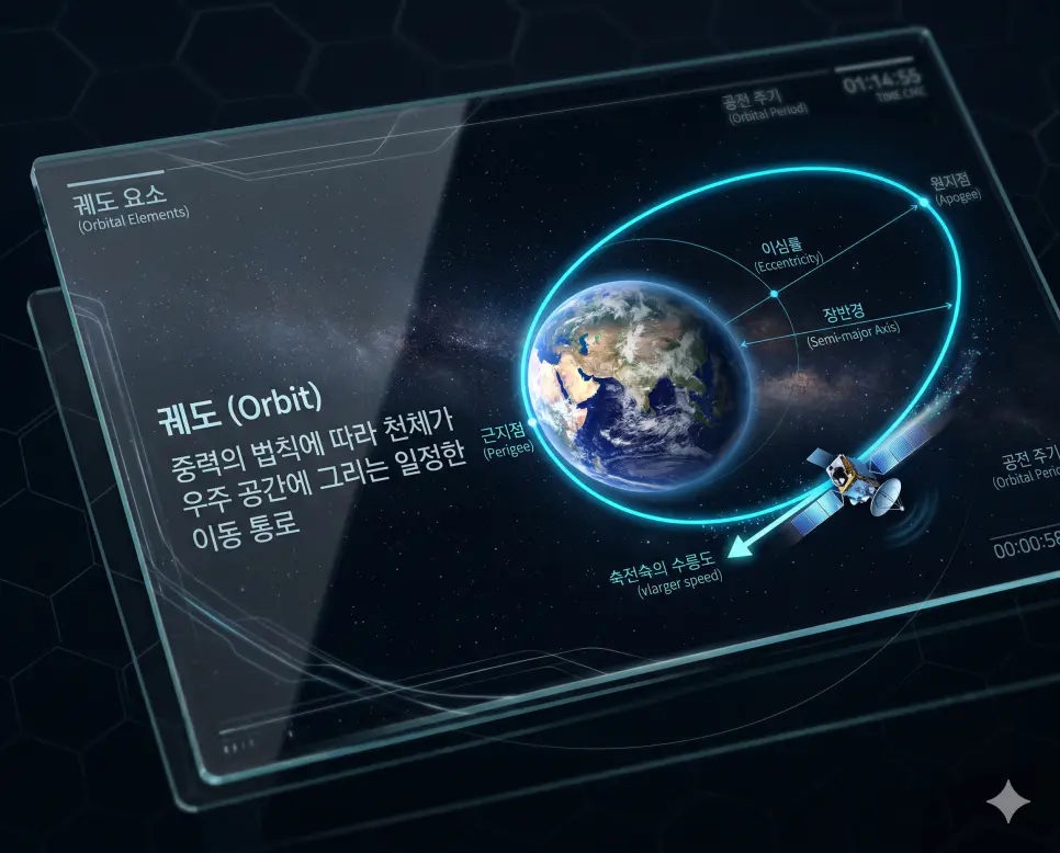 공전 뜻, 궤도 뜻, 별자리 뜻: 천체의 역학적 운동과 밤하늘의 이정표 분석 2 궤도 뜻을 시각화하기 위해 인공위성이 지구 주위를 타원형으로 도는 정교한 통로를 과학적으로 표현한 고화질 사진