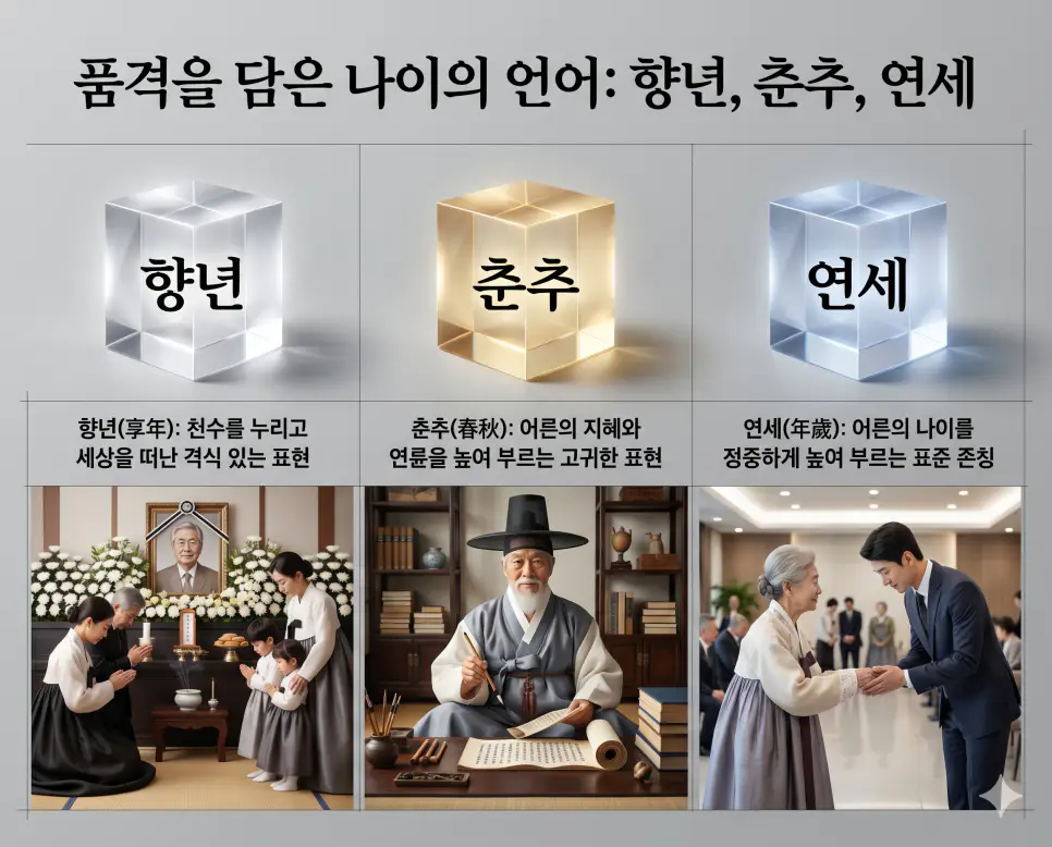 품격을 담은 나이 명칭인 향년, 춘추, 연세의 정확한 뜻을 한눈에 비교할 수 있도록 각 개념을 대변하는 인물 중심 시각 자료를 체계적으로 배열하고, 왼쪽 크리스털 프리즘에 각 단어를 1:1로 매칭하여 가독성을 극대화한 초호화 K-에디토리얼 매거진 포스터 스타일의 프리미엄 인포그래픽 포스터입니다. 세련된 티타늄 그레이 배경 위에 정교한 레이아웃을 배치하여 압도적인 시각적 완성도를 구현했습니다.
