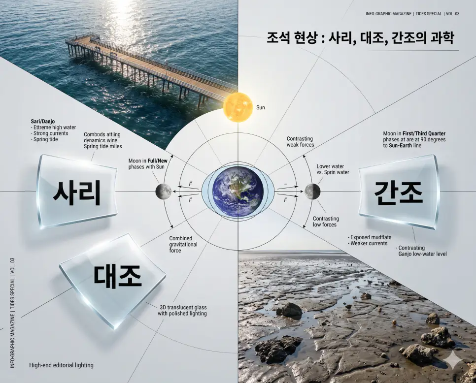 사리 뜻, 대조 뜻, 간조 뜻: 밀물과 썰물의 차이가 가장 커지는 조석 현상 분석 4 조석 현상의 핵심인 사리, 대조, 간조의 원리와 특징을 전문 잡지 레이아웃으로 분석한 프리미엄 인포그래픽 전략 포스터
