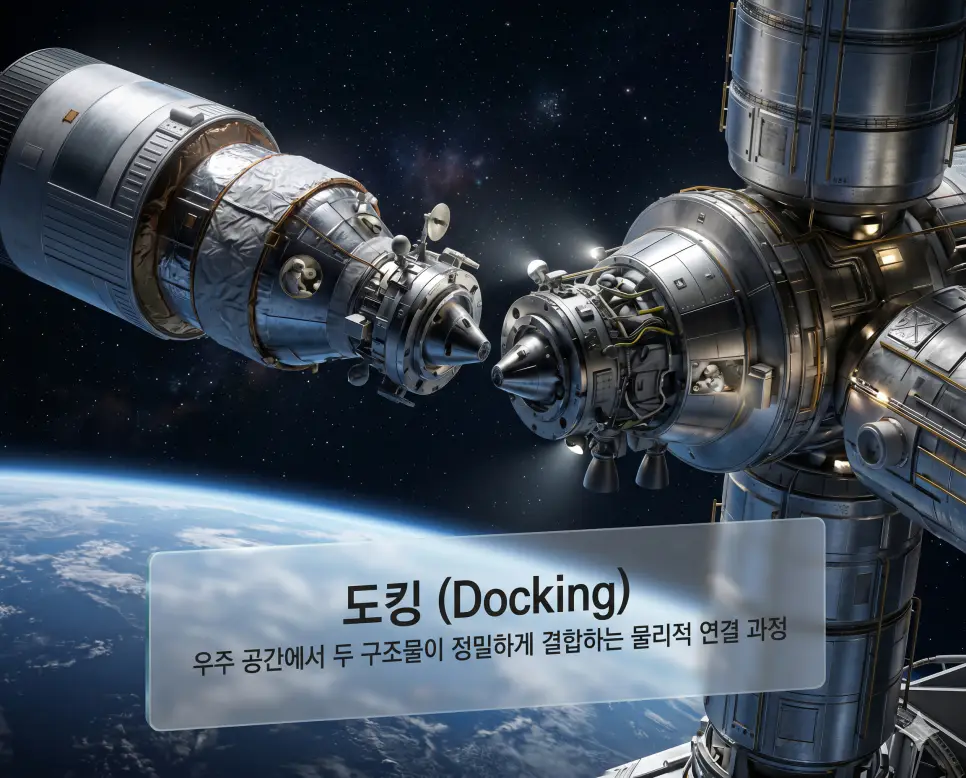 도킹 뜻을 설명하기 위해 우주 궤도에서 두 대의 정교한 우주선이 물리적으로 결합하는 정밀한 조작 과정을 담은 시각 이미지