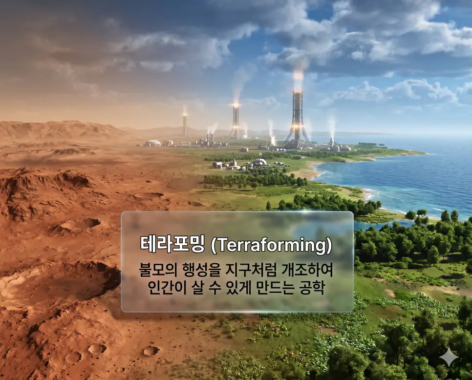 테라포밍 뜻을 설명하기 위해 척박한 화성의 붉은 대지가 푸른 바다와 숲이 있는 지구 같은 환경으로 변해가는 공학적 시각 자료
