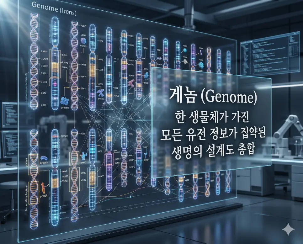 RNA 뜻, 게놈 뜻, 공진화 뜻: 생명 활동의 실무와 유전체 총합 2 게놈 뜻을 시각화하기 위해 한 생물체가 가진 유전자와 비유전자 영역을 모두 포함하는 전체 유전 정보 설계도의 총합을 담은 이미지