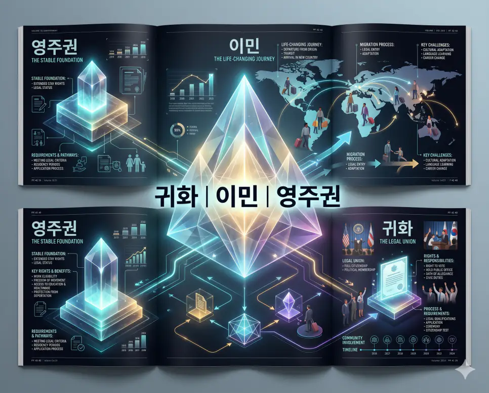 귀화 뜻, 이민 뜻, 영주권 뜻: 새로운 국가와 삶의 정착 4 국민이 되는 최종 단계인 귀화와 삶의 터전을 옮기는 이민 및 거주의 안정성을 보장하는 영주권을 분석한 전문 매거진 스타일의 인포그래픽 포스터