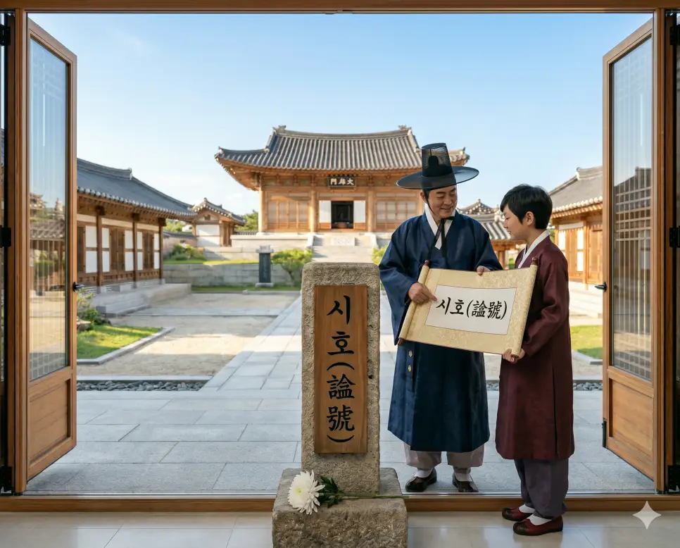 가계 뜻, 족보 뜻, 시호 뜻: 가문의 경제적 토대와 역사적 기록이 남긴 명예 3 시호 뜻 공덕 명예를 시각화하기 위해 밝은 사당 마당에서 아버지가 아들에게 공덕이 담긴 전통 스크롤을 보여주는 인물 실사 이미지