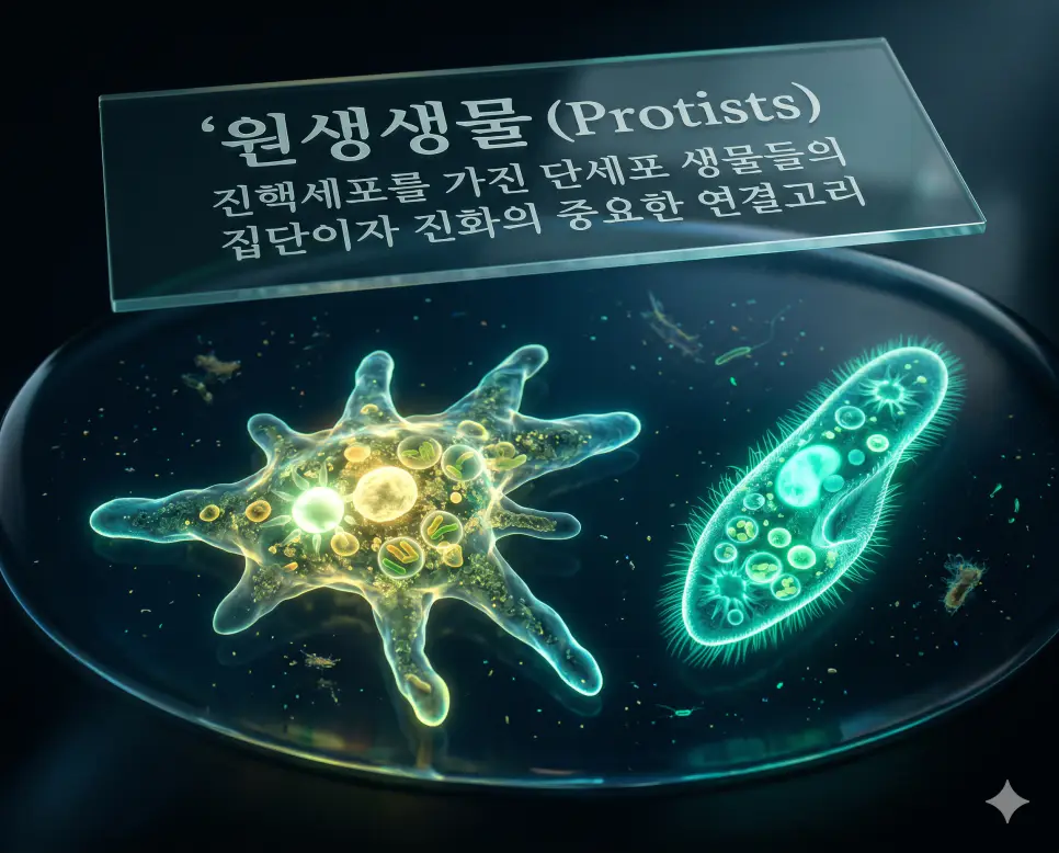 양서류 뜻, 절지동물 뜻, 원생생물 뜻: 생명 진화의 신비와 거대 생물군 분석 3 원생생물 뜻을 설명하기 위해 진핵세포를 가진 단세포 생물인 아메바와 짚신벌레의 미시적인 활동 모습을 표현한 시각 자료