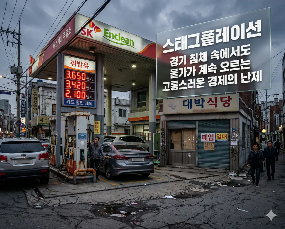 스태그플레이션 뜻을 설명하기 위해 경기 침체와 물가 상승이 동시에 나타나는 고통스러운 경제 난제를 표현한 시각 자료