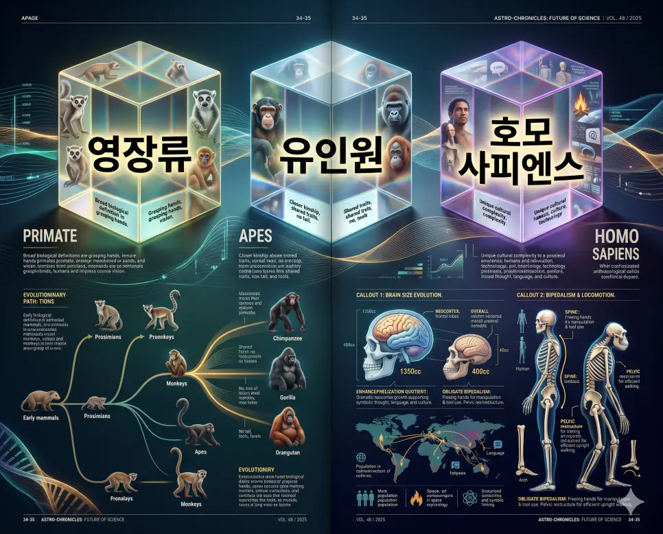 영장류 뜻, 유인원 뜻, 호모 사피엔스 뜻: 인류의 기원과 진화 과정 완벽 가이드 4 인류의 조상인 영장류의 특징과 유인원의 구분법 및 호모 사피엔스의 정의를 분석한 전문 매거진 스타일의 인포그래픽 포스터