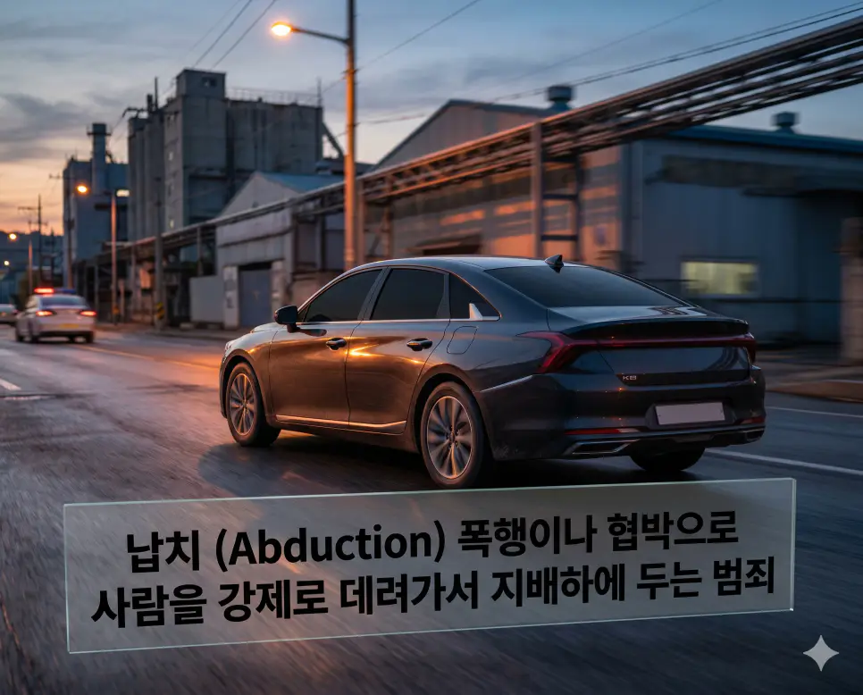 감금 뜻, 납치 뜻, 몰수 뜻: 신체 자유 박탈 행위와 강제 연행 범죄 및 범죄 재산 국고 귀속 확인 2 납치 뜻을 시각화하기 위해 인적이 드문 도심 외곽에서 범죄 차량이 급격히 사라지는 긴박하고 위험한 현장을 포착한 8k 실사 사진