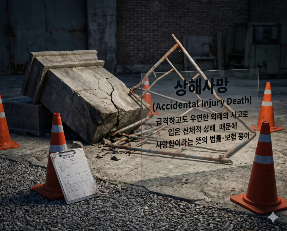 상해사망(Accidental Death from Injury)의 법률·보험적 개념을 즉각적으로 인지할 수 있도록, 고요한 야외 현장 바닥에 급격하고 우연한 외래의 충격으로 산산조각이 난 돌덩어리와 뒤틀린 금속 구조물이 주저앉아 있고 그 주변에 주황색 사고 조사 고깔과 손해 배상 사고 보고서 양식이 철저하게 배치된 모습을 묘사한 자료입니다. 예기치 못한 외래의 사고로 입은 비극적인 신체적 상해와 사망의 인과 관계를 직관적으로 시각화했습니다.