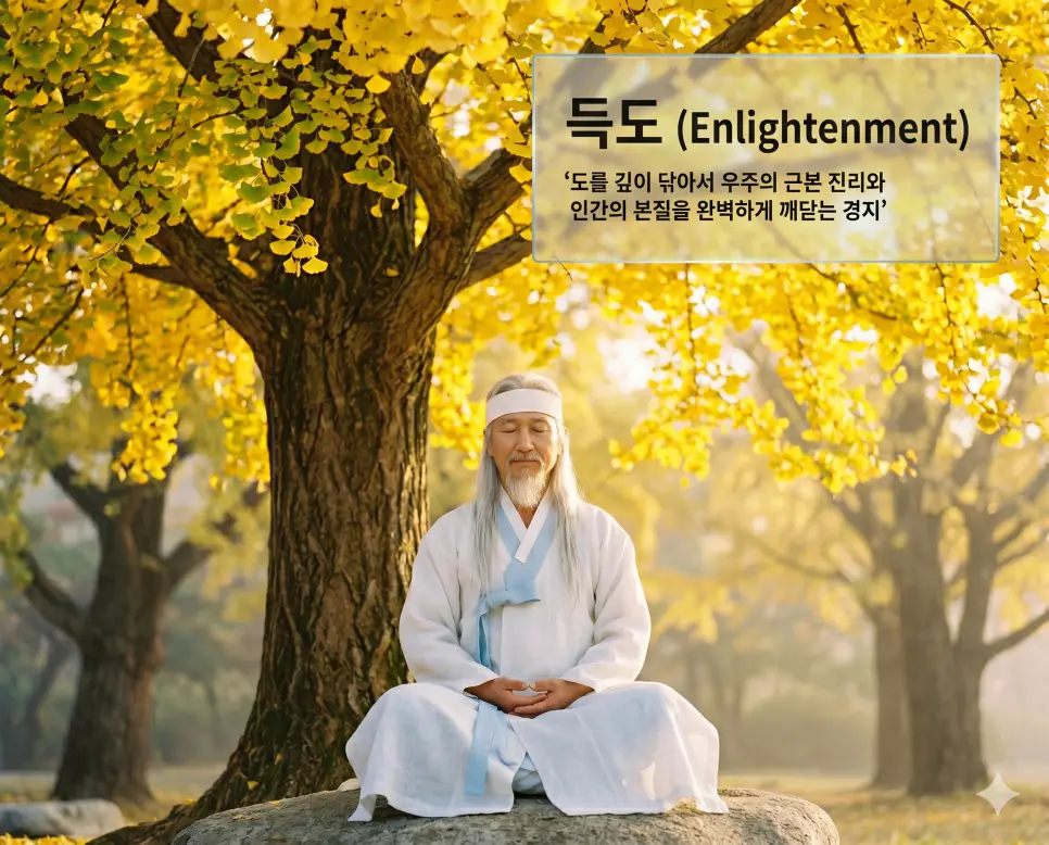 득도 뜻, 선도 뜻, 불로초 뜻: 우주 진리의 깨달음과 도교 양생술 및 영생의 약초 정리 1 득도(Achieving Tao)의 고요한 깨달음 의미를 완벽하게 직관적으로 전달하기 위해, 황금빛 잎사귀가 가득한 고대 은행나무 아래에서 한 한국인 명상가가 모든 번뇌를 씻어낸 듯한 절대적인 평온함과 지혜가 담긴 표정으로 깊은 명상에 잠겨 우주의 진리를 깨닫는 장면을 촬영한 고해상도 실사 이미지입니다. 인간 본질을 완벽하게 관통한 경지의 성스러움을 인물의 온화한 모습과 정갈한 자연광을 통해 1초 만에 인지할 수 있도록 생생하게 구현했습니다.