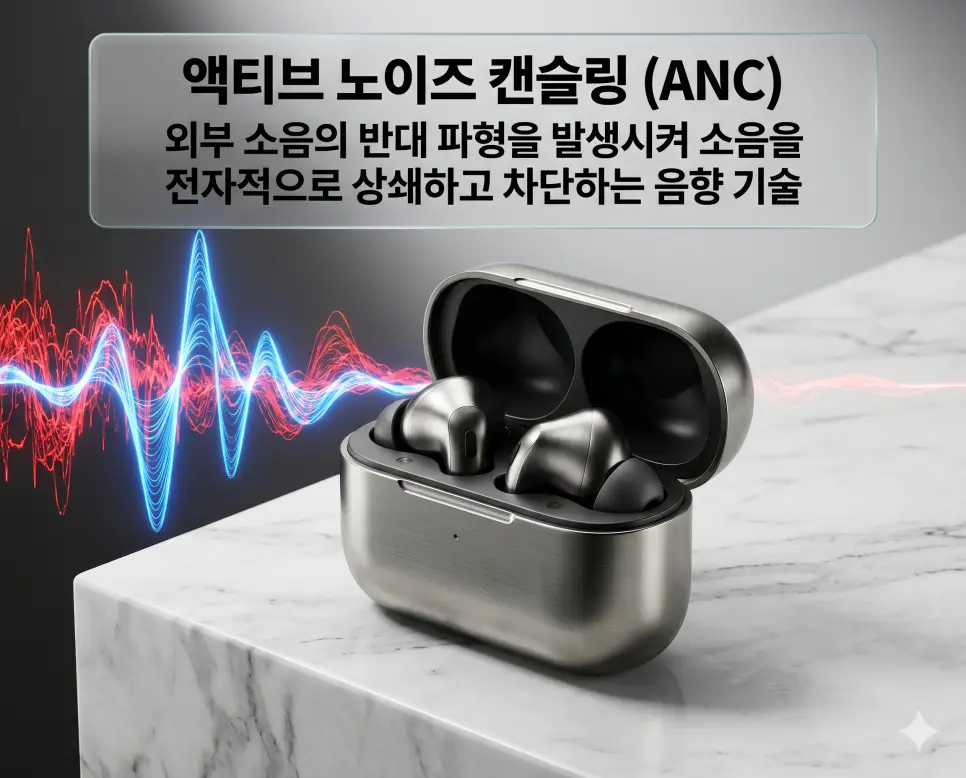ANC 뜻을 설명하기 위해 외부 소음의 반대 파형을 발생시켜 소음을 전자적으로 상쇄하고 차단하는 혁신적인 음향 기술을 표현한 시각 자료