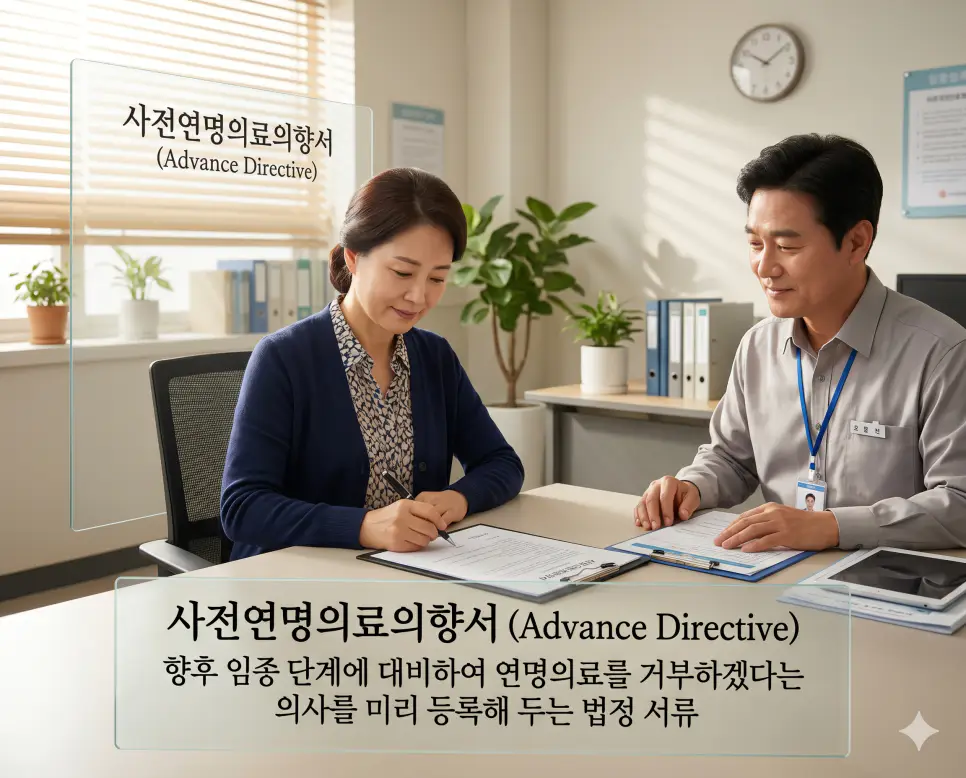 사전연명의료의향서의 법적 개념을 직관적으로 설명하기 위해, 따스한 아침 햇살이 비치는 아늑한 보건소 등록 기관 사무실에서 향후 임종 단계에 대비해 연명의료 거부 의사를 확고히 하려는 중년의 한국인 여성이 평온하면서도 단호한 표정으로 서류철 위에 자신의 이름을 정성껏 정독하며 서명하고 있는 풍경을 근접 촬영한 고해상도 실사 이미지입니다. 스스로 존엄한 죽음을 미리 준비하고 법정 문서로 등록해 두는 절차의 주체성을 인물의 표정을 통해 한눈에 파악할 수 있도록 구현했습니다.