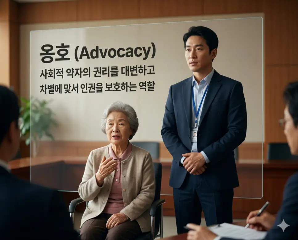 연계 뜻, 옹호 뜻, 임파워먼트 뜻: 사회복지 실천의 연대와 역량 강화 2 옹호 뜻을 시각화하기 위해 사회적 약자를 대신하여 그들의 권리를 대변하고 차별에 맞서 사회적 정의를 실천하는 용기 있는 사회복지사의 모습을 담은 이미지