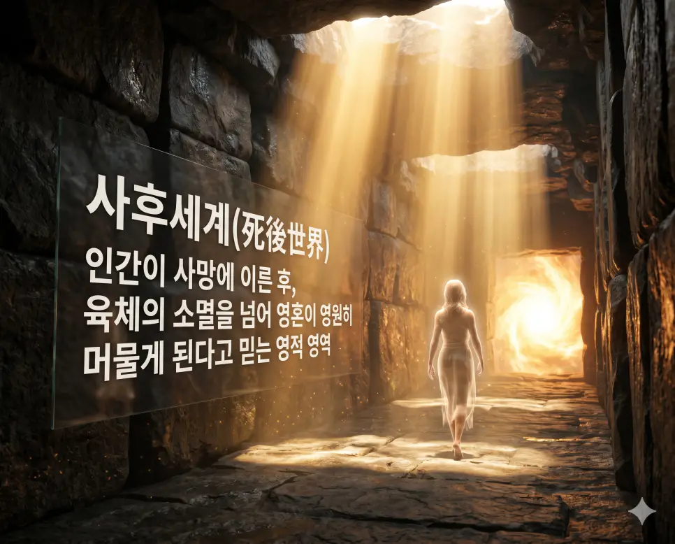 사후세계(死後世界)의 영적인 영역을 극사실적으로 전달하기 위해, 거친 질감이 그대로 느껴지는 고대 석조 통로 안으로 하늘에서 수직으로 쏟아지는 거대한 황금빛 신성한 빛줄기와 그 빛에 반사되는 실제 공기 입자들을 포착한 고해상도 실사 이미지입니다. 통로 끝의 눈부신 빛을 향해 평온하게 걸어가는 영혼의 뒷모습과 벽면에 비치는 사실적인 그림자를 통해 육체의 소멸 너머 영원한 머무름의 공간을 인간의 눈으로 직접 보는 것처럼 사실적으로 구현했습니다.