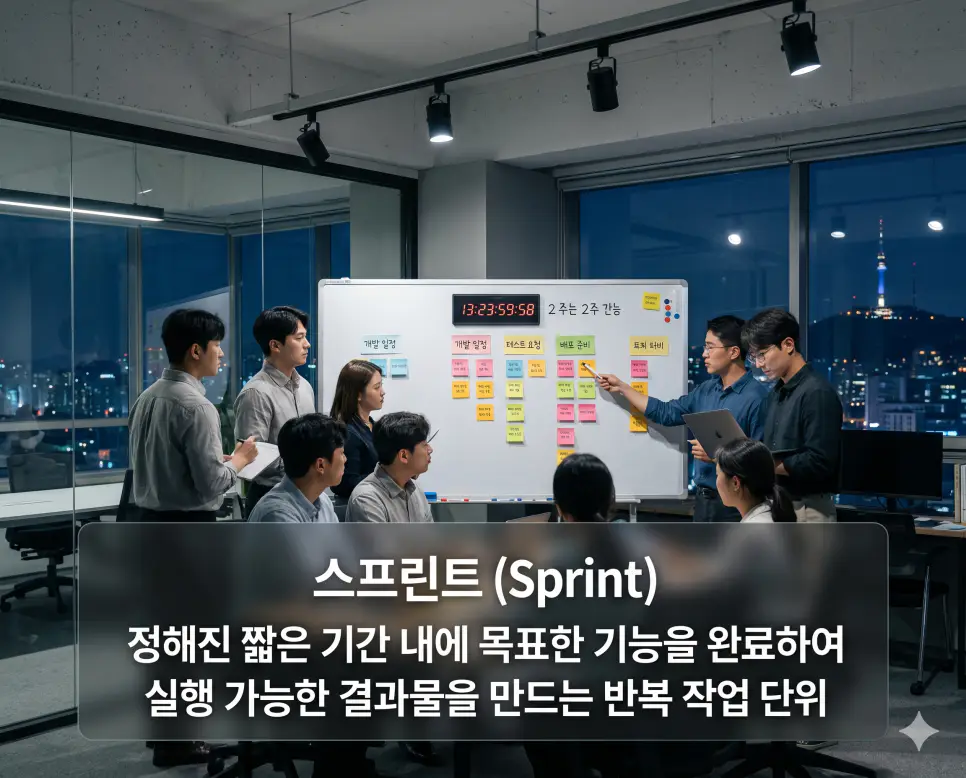 스프린트 뜻을 설명하기 위해 정해진 짧은 기간 내에 목표 기능을 완료하여 실행 가능한 결과물을 만드는 반복적인 작업 단위를 시각화한 이미지