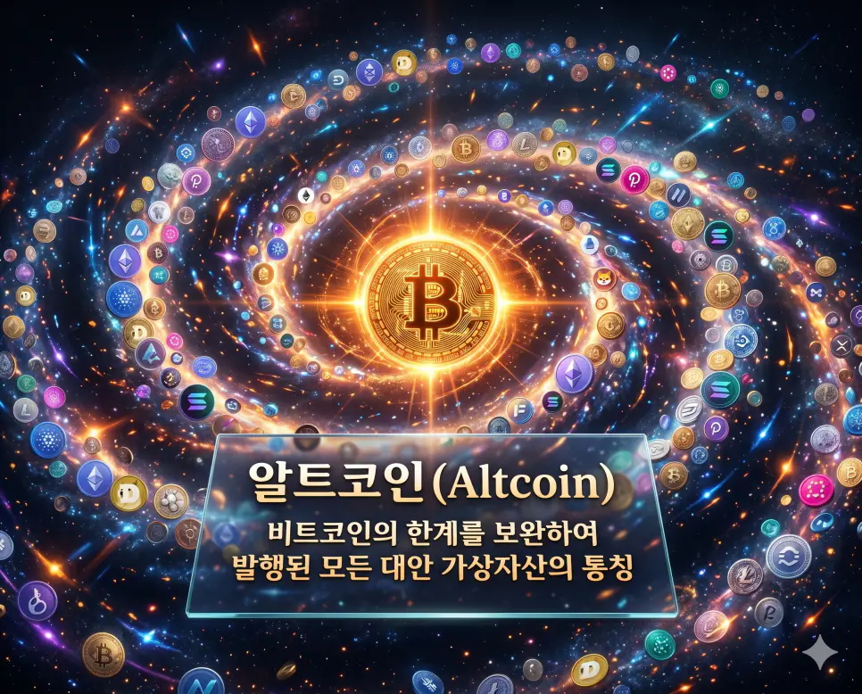 알트코인(Altcoin)의 광범위한 개념을 설명하기 위해 비트코인을 제외한 수많은 대안 가상자산들이 각각의 기술적 목적을 담고 거대한 은하계를 형성하고 있는 모습을 담은 초정밀 실사 이미지입니다. 스마트 컨트랙트와 빠른 거래 속도 등 비트코인의 한계를 보완하여 탄생한 다양한 코인 생태계를 에너지 넘치는 시각적 요소로 표현하였습니다.