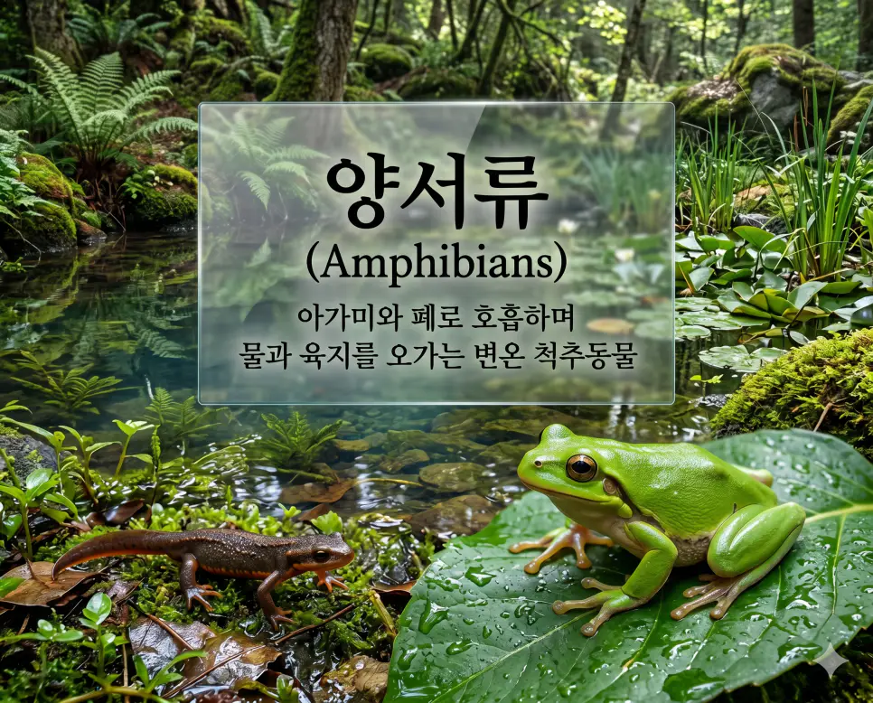 양서류 뜻, 절지동물 뜻, 원생생물 뜻: 생명 진화의 신비와 거대 생물군 분석 1 양서류 뜻을 설명하기 위해 물과 육지를 오가며 생활하며 습한 피부를 가진 개구리와 도롱뇽의 생태를 시각화한 이미지