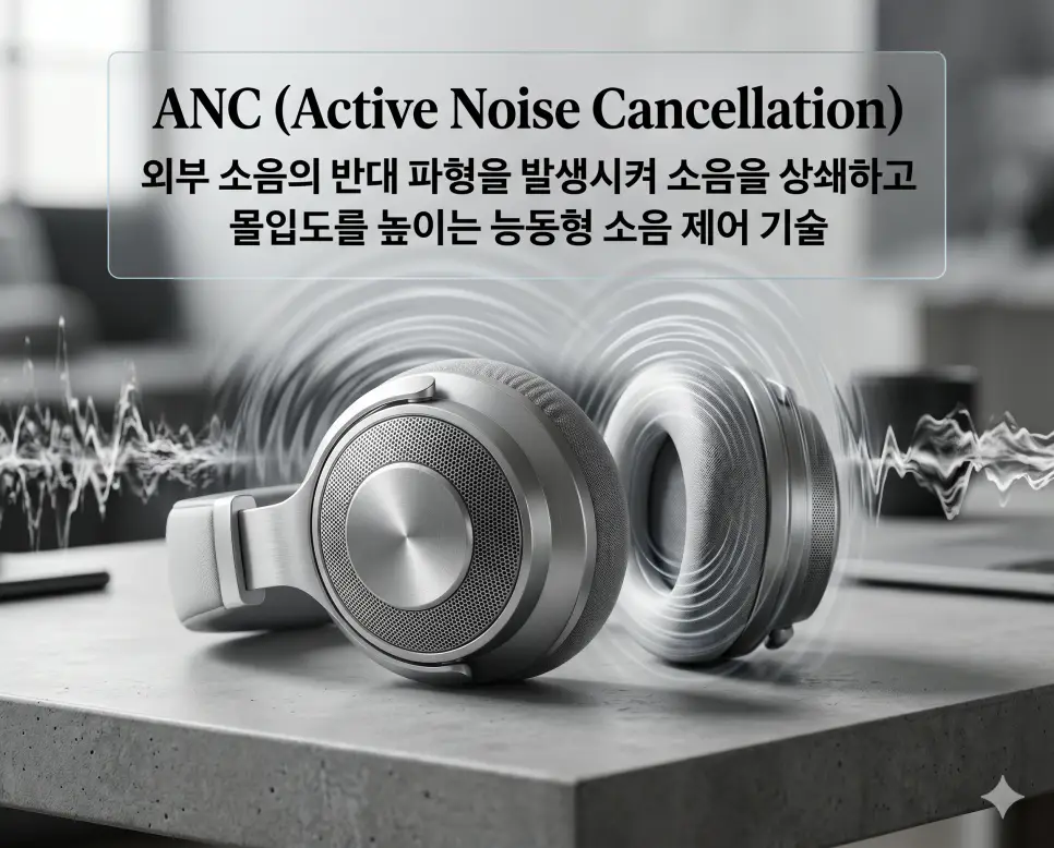 ANC 뜻, 미디어 리터러시 뜻, 사물인터넷 뜻: 기술과 지혜가 만나는 미래 1 ANC 뜻을 설명하기 위해 외부 소음의 반대 파형을 발생시켜 소음을 상쇄하고 몰입도를 높이는 능동형 소음 제어 기술을 초정밀 실사로 시각화한 이미지
