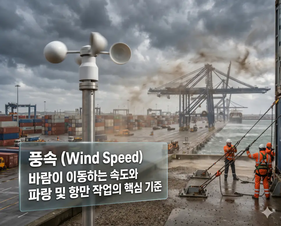 시정 뜻, 풍속 뜻, 황해 뜻: 해상 안전 기상 요소와 서해의 지리적 특징 분석 2 풍속 뜻을 시각화하기 위해 거센 바람에 빠르게 회전하는 풍속계와 항만 작업 현장의 역동적인 고화질 사진
