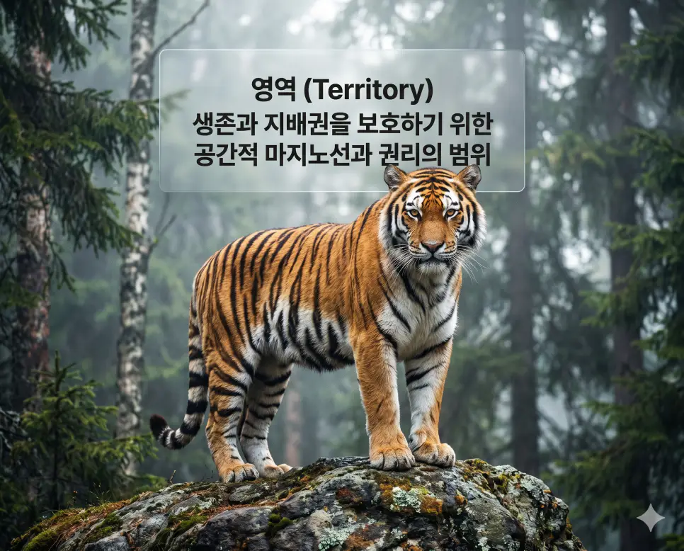 영역 뜻을 설명하기 위해 야생 동물이 자신의 서식지와 지배권을 보호하기 위해 공간적 범위를 감시하는 생존의 본능을 표현한 시각 자료