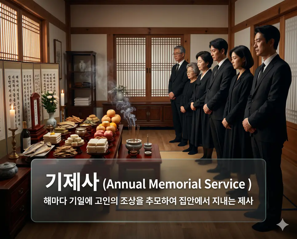 추도식 뜻, 기일 뜻, 기제사 뜻: 고인을 그리워하는 마음과 해마다 돌아오는 제사 예법 정리 3 기제사(Annual Memorial Service)의 전통적인 예법을 즉각적으로 인지할 수 있도록, 정갈하게 정돈된 한국 가정 거실에서 검정 예복을 입은 가족들이 정성껏 차려진 제사상과 향로 앞에서 엄숙하고 정중한 자세로 서서 조상을 추모하는 제사 의식 장면을 묘사한 고해상도 실사 이미지입니다. 해마다 기일에 지내는 집안 제사의 신성함을 인물들의 정중한 태도와 전통적인 제례 환경을 통해 직관적으로 시각화했습니다.