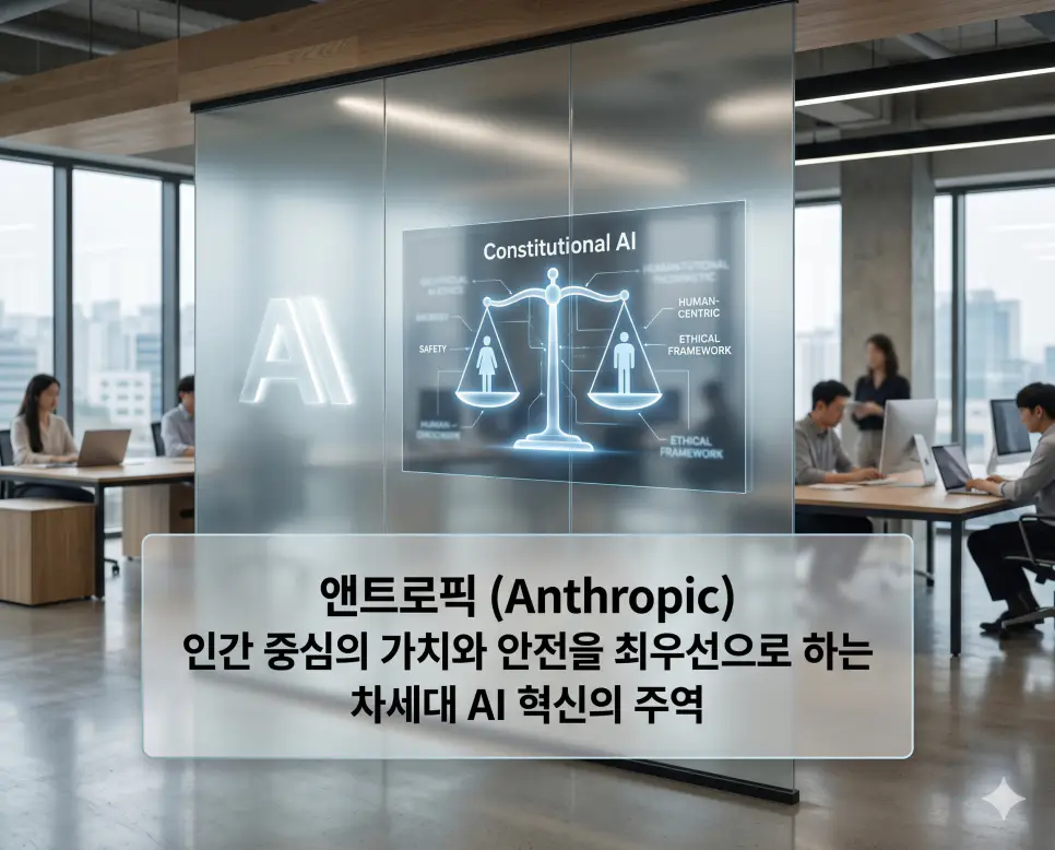 미토스 뜻, 앤트로픽 뜻, 크롬 뜻: AI 서사와 차세대 언어 모델 및 웹 플랫폼 분석 2 앤트로픽 뜻을 시각화하기 위해 인간 중심의 가치와 안전을 추구하는 AI 스타트업의 세련되고 혁신적인 기업 분위기를 담은 사진
